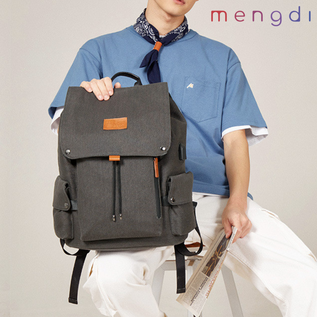 mengdiproducts-Canvas Backpack With USB Charging-Grey